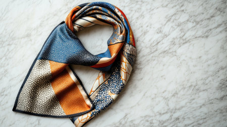 A beautifully crafted silk scarf laid out on a marble surface, featuring intricate patterns and a vibrant color palette, ideal for showcasing modern fashion and accessory styles.の素材
