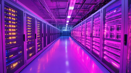 A vibrant and advanced data center showcasing rows of servers illuminated by colorful LED lights, representing the future of digital storage and computing technology.の素材