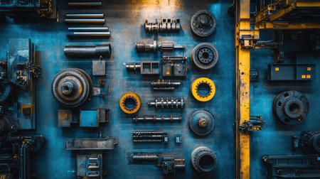 An aerial view showcasing various machinery parts arranged on a blue steel surface offers a glimpse into the world of industrial manufacturing and mechanical engineering.の素材