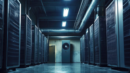 A captivating view of an industrial data center, featuring rows of sleek server racks against a dark backdrop, illuminated by fluorescent lights, showcasing modern technology infrastructure.の素材