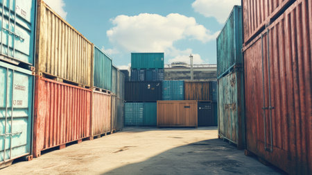 Vibrant shipping containers arranged in an industrial yard. The image captures textures, colors, and a clear blue sky, perfect for transportation-themed projects.の素材