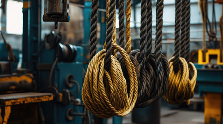 Close-up view of heavy duty ropes hanging in an industrial workshop, showcasing their texture and strength, essential for construction and machinery applications.の素材
