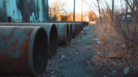 A row of rusty industrial pipes stretches along a forgotten pathway in an abandoned area, surrounded by dry grass and overgrown weeds under a clear blue sky.の素材