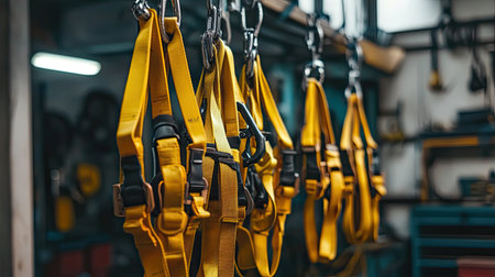 A collection of bright yellow industrial safety harnesses displayed in a storage area, showcasing essential protective equipment for workers in various industrial settings.の素材
