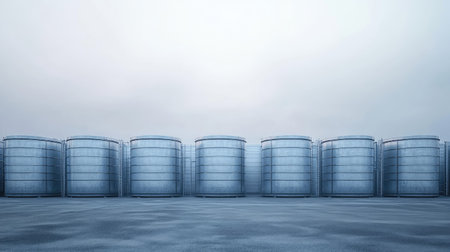 A row of industrial storage tanks stands under a softly overcast sky, emphasizing modern design and functionality in a serene manufacturing environment.の素材