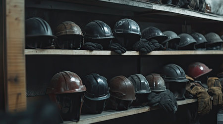 A captivating image of assorted safety helmets displayed on a wooden shelf, representing the essential gear for ensuring safety in various industrial workplaces.の素材