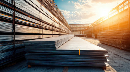 A stunning industrial warehouse scene showing neatly stacked steel sheets bathed in warm sunlight, emphasizing the beauty of manufacturing amidst an expansive urban landscape.の素材