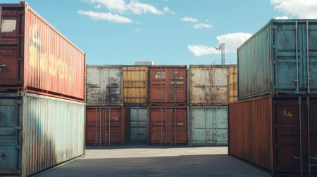 A vibrant display of industrial shipping containers stacked neatly at a freight terminal, set against a clear blue sky with soft clouds, symbolizing global trade and logistics.の素材