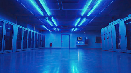 A sleek and modern data center featuring illuminated blue neon lights, showcasing server racks in a futuristic environment. Ideal for technology and IT-related imagery.の素材