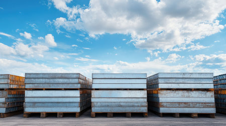 A series of neatly stacked steel plates sit under a bright blue sky with clouds, showcasing industrial materials commonly used in various construction and manufacturing projects.の素材