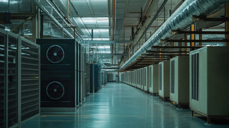 Inside a modern data center, rows of servers and cooling units create an organized space for efficient data processing and storage, emphasizing technology and infrastructure design.の素材