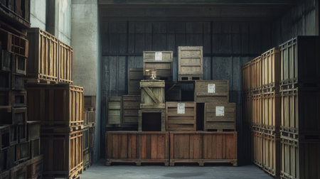 A serene warehouse scene featuring stacked wooden crates against textured concrete walls, showcasing an organized atmosphere with interesting lighting and rustic charm.の素材