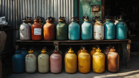 A vibrant display of vintage gas tanks in various colors, arranged neatly on a rustic wooden shelf, evoking a sense of nostalgia and charm in natural lighting.の素材