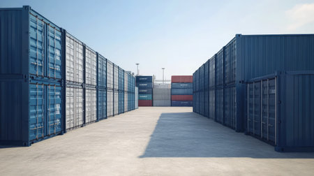 A captivating scene showcasing shipping containers aligned in a modern industrial setting, highlighting the significance of logistics and transportation in todayの素材