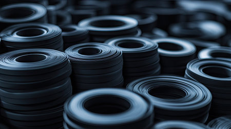 A visually striking arrangement of black rubber rings stacked together, showcasing a modern industrial aesthetic perfect for creative projects or backgrounds.の素材