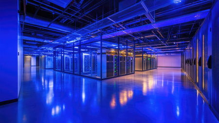 A captivating view of a modern data center featuring illuminated server racks and an innovative blue lighting design, showcasing the future of technology and data management.の素材