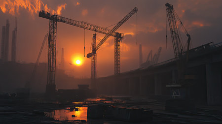 A stunning sunset illuminates an industrial construction site with silhouetted cranes, creating a dramatic atmosphere of urban development and progress.の素材