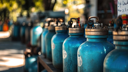 A striking display of blue gas cylinders lined up in an outdoor setting, showcasing the details and textures with a stunning bokeh effect in the background.の素材