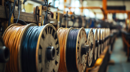 A detailed view of spools of wire in an industrial workspace, highlighting the organization and efficiency of a manufacturing facility dedicated to electrical and construction needs.の素材