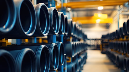 A vibrant image showcasing an industrial warehouse filled with large black coils arranged on storage shelves, revealing a blurred background of manufacturing equipment and overhead lights.の素材