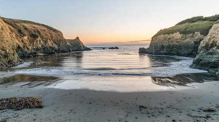 A breathtaking view of a calm beach at sunset, featuring gentle waves lapping against rocky cliffs, perfect for nature lovers and beachgoers seeking tranquility and beauty.の素材