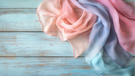 A close-up view of soft pastel chiffon fabric elegantly draped on a rustic wooden surface, creating a serene and stylish aesthetic, perfect for fashion and design inspiration.の素材