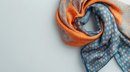 A beautifully designed silk scarf featuring vibrant blue and orange tones with intricate patterns and dots, perfect for enhancing any fashion accessory collection.の素材
