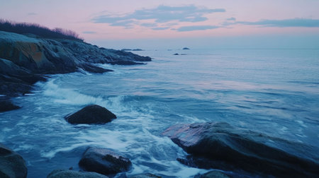 Captivating view of a tranquil coastline at dusk, showcasing gentle waves washing over rocky formations under a colorful evening sky filled with soft clouds.の素材