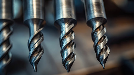Close-up of metal drills presenting intricate details and sharp edges, representing high precision in manufacturing, perfect for industry-focused projects and themes.の素材