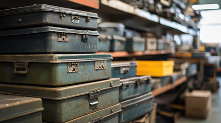 A collection of vintage metal tool boxes stacked in an industrial workshop, highlighting the beauty of craftsmanship and nostalgia in a rustic environment.の素材