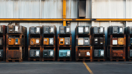 A well-maintained industrial storage area featuring neatly stacked shipping containers and equipment on sturdy pallets, showcasing an organized workspace in a warehouse environment.の素材