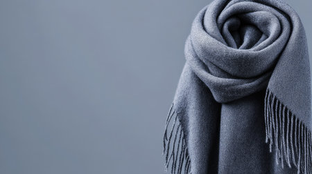 A cozy grey scarf artfully draped against a soft blue backdrop, showcasing its elegant texture and fringed edges, ideal for enhancing winter fashion and warmth.の素材