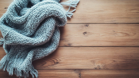 A soft gray knitted scarf lies elegantly on a warm wooden surface, embodying the essence of coziness and style, perfect for creating a serene atmosphere in any setting.の素材