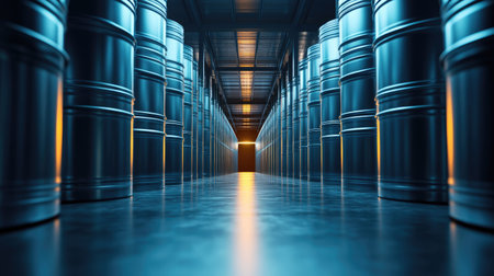 A remarkable view of an industrial storage warehouse showcasing neatly arranged metal drums, with dramatic lighting that emphasizes depth and space in a modern logistical environment.の素材