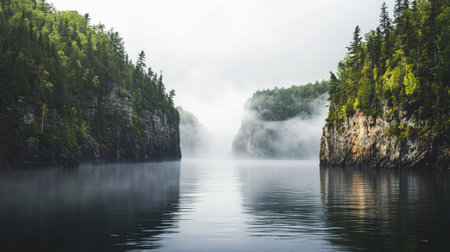 A tranquil misty landscape showcasing calm waters reflecting lush forests and rocky formations, creating a serene atmosphere perfect for nature lovers and relaxation seekers.の素材