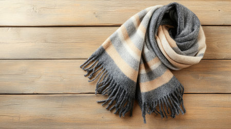 A stylish gray and beige striped scarf rests elegantly on a rustic wooden table, embodying warmth and comfort ideal for winter fashion and seasonal accessorizing.の素材