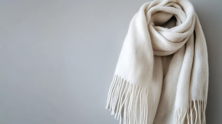 Soft and cozy beige scarf elegantly draped against a smooth neutral background, ideal for showcasing winter fashion, comfort, and versatile accessory styling options.の素材