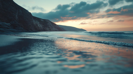 A captivating seascape featuring gentle waves lapping against a serene beach during sunset, with rocky cliffs and a vibrant sky, creating a peaceful atmosphere for contemplation.の素材