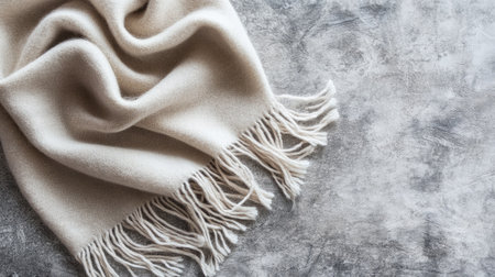A soft beige blanket with elegant fringes drapes beautifully over a textured gray surface, creating a warm and inviting atmosphere perfect for lifestyle and home decor imagery.の素材