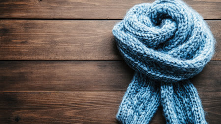 A light blue knitted scarf elegantly placed on a wooden surface, embodying warmth and comfort, perfect for winter fashion and stylish seasonal decor ideas.の素材