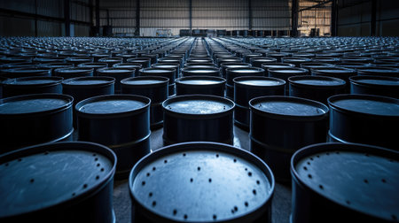A wide-angle view of a warehouse filled with neatly arranged metal barrels, showcasing an organized storage environment in an industrial setting.の素材