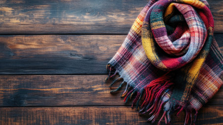 A beautiful, cozy plaid scarf showcasing vibrant colors, draped on a rustic wooden table. Ideal for autumn and winter fashion inspiration and seasonal warmth.の素材