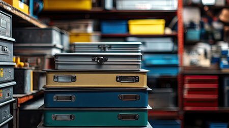 An artistic view of stacked metal tool boxes in various colors, set against a vibrant workshop background, showcasing essential organizational tools for home improvement projects.の素材