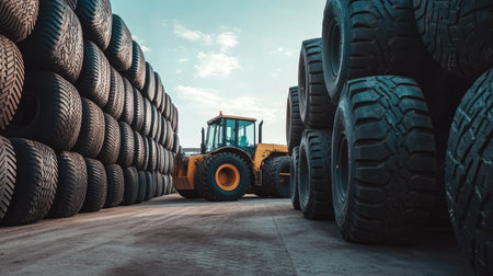A powerful loader operates efficiently in a tire storage area, surrounded by towering stacks of heavy tires under a bright sky, emphasizing industrial strength and organization.の素材