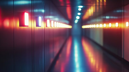 A captivating corridor illuminated by vibrant neon lights creates a stunning visual effect on a sleek floor, evoking a modern and atmospheric setting ideal for creative projects.の素材