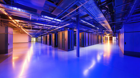 A stunning view of a modern data center showcasing illuminated server racks under blue lighting, highlighting a high-tech atmosphere ideal for technology and innovation.の素材