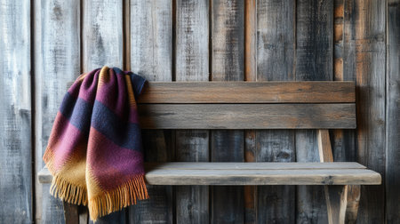 A cozy wool blanket casually draped over a rustic wooden bench, complementing a textured wooden wall, ideal for autumn and winter decor and relaxation themes.の素材