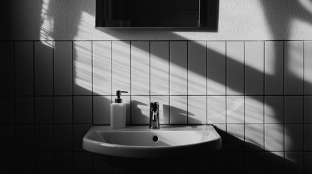 This artistic black and white image showcases a minimalist bathroom scene with a modern sink, soft shadows, and light patterns, creating a serene and elegant atmosphere.の素材