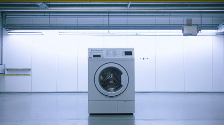 A modern laundry machine stands alone in a bright, minimalist space, showcasing its advanced design and functionality for efficient washing in commercial settings.の素材