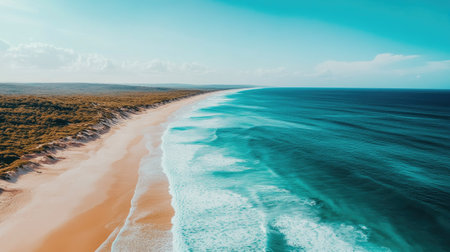 A breathtaking aerial view showcasing a serene beach with golden sand, turquoise waves, and vibrant greenery, capturing the essence of nature's beauty and tranquility.の素材